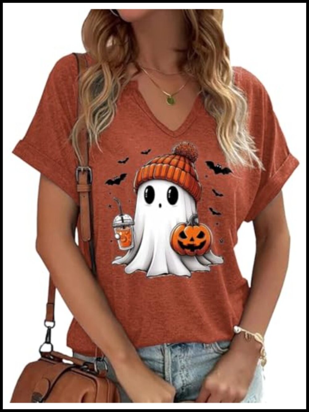 Halloween Ghost Pumpkin V Neck Tee Short Sleeve Cotton Blend Fall Top